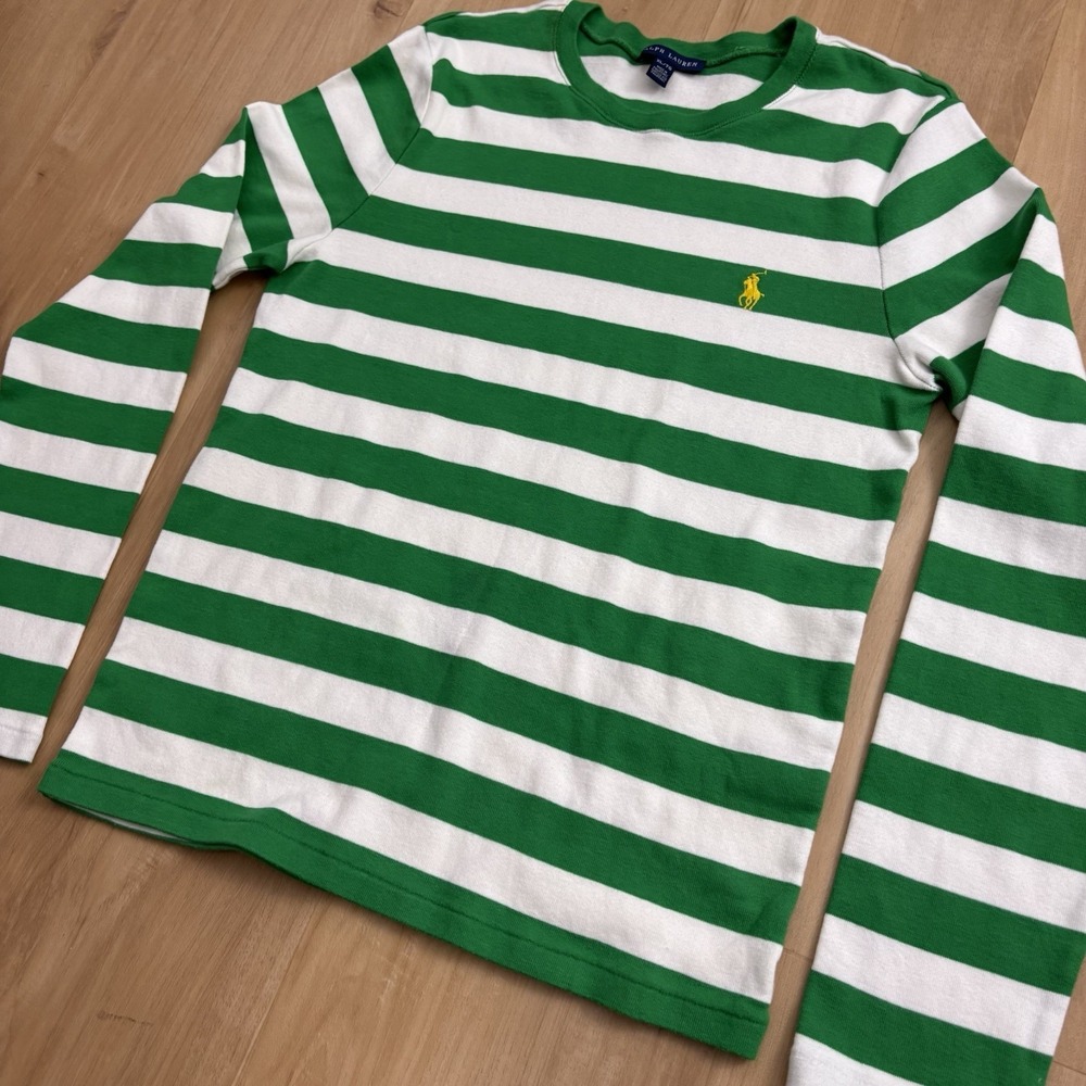 Ralph Lauren Girls Striped Long Sleeve Shirt XL Green And White - Picture 2 of 9